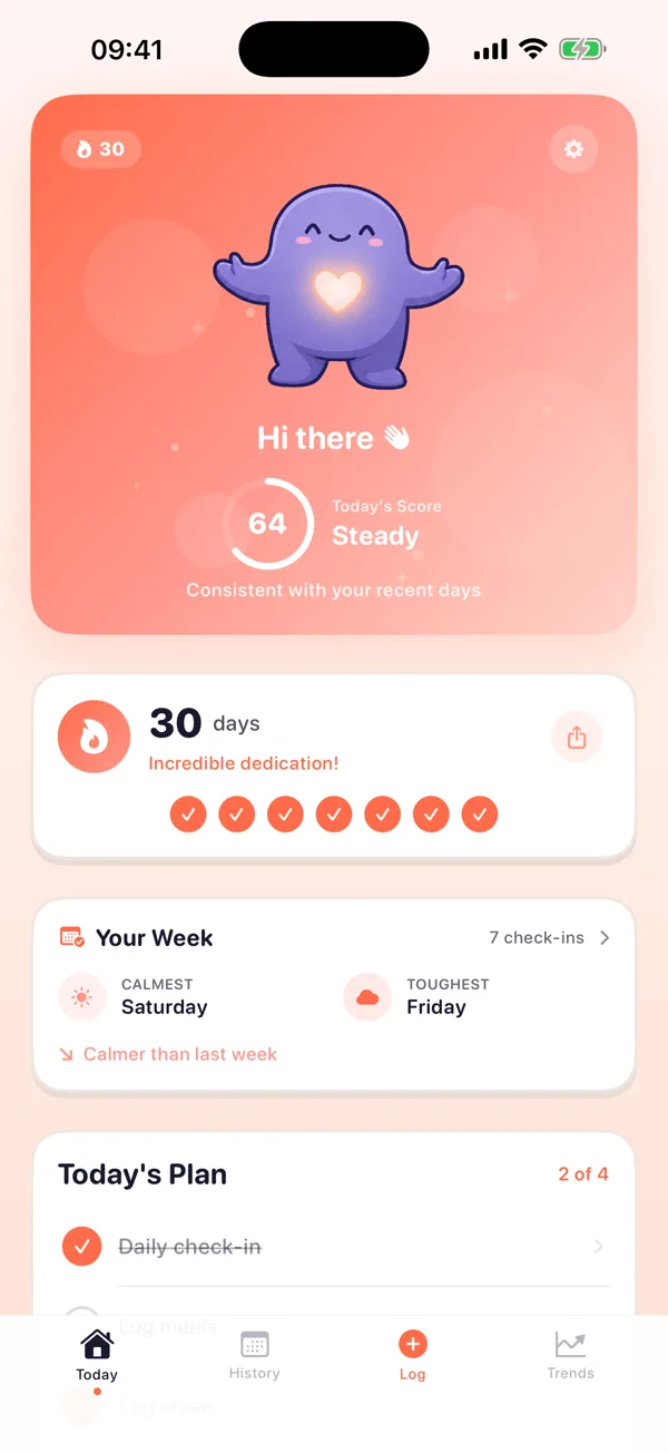 The Moya app's Today screen, with the mascot, a daily score and today's plan